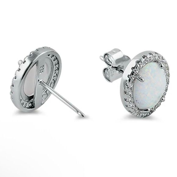 Sterling Silver White Opal & Clear CZ Oval Stud Earrings New - Picture 3 of 4
